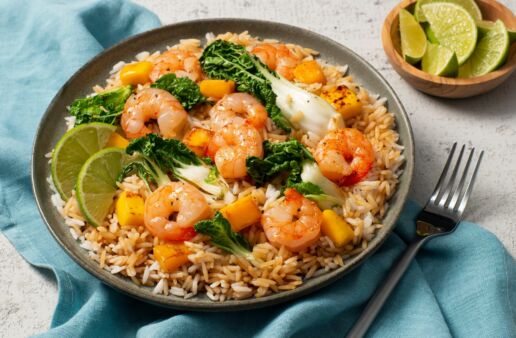 shrimp fried rice with fresh mango bok choy ginger root and lime
