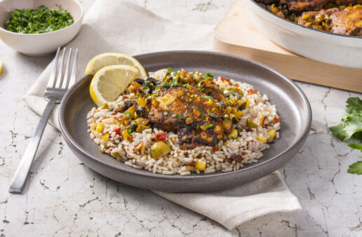 chicken-tagine-skillet-with-white-rice-black-beans-corn-and-bell-peppers